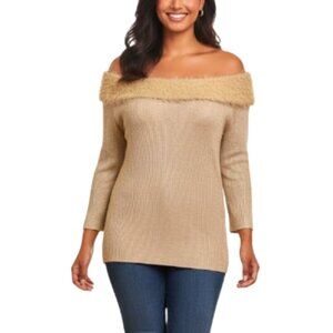 NY Collection Gold Metallic Shimmer Sweater Eyelash Fur Off The Shoulder Top L
